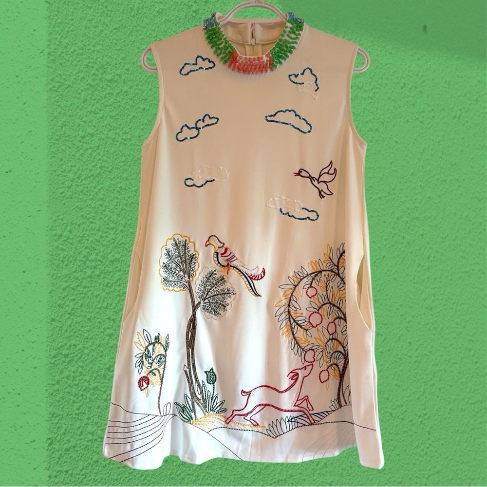 Vintage white embroidered mini shift dress with beaded mock neck.